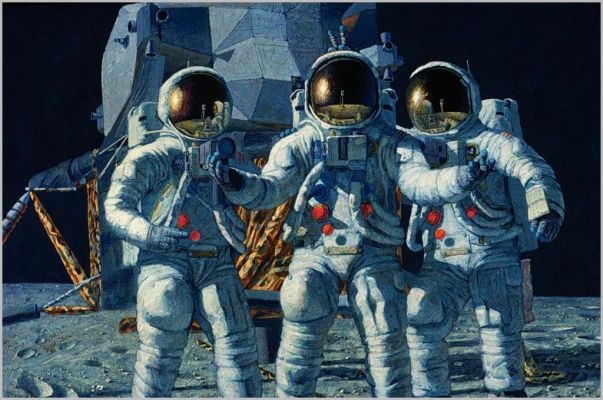 "Buddies" forever
Pete Conrad, Dick Gordon and I were assigned by head astronaut Deke Slayton as the backup crew for Apollo 9. This was super news because this meant we would fly three missions subsequent and make one of the first Moon landings.
The most experienced astronaut was designated commander, in charge of all aspects of the mission including flying the lunar module. Prudent thinking suggested that the next most experienced crew member be assigned to take care of the command module since it had a heat shield and was our only way back home. This left the least experienced to accompany the commander. Pete Conrad had flown two Gemini flights, the second with Dick Gordon as his crew mate. I had not flown at all.

During training, Pete and I frequently practiced our lunar surface activities such as emplacing experiments, gathering rock samples, or making observations. We were excited. We were going to have the ultimative adventure someone in our profession could experience. But while we did, Dick Gordon would be orbiting 60 miles above us. We often fantasized Dick joining us on the Moon for all the fun, but we could never really find a way. But now I'm an artist and in my paintings I can have it my way. Now, at last, our best friend has come the last 60 miles.

One last story. Dick was the more experienced astronaut, yet I got the prize assignment. In the three years of training preceding our mission, he never once said: "It's not fair, I wish I could walk on the Moon too." I do not have his unwavering discipline or strength of character.

Parole chiave: The Universe Inside