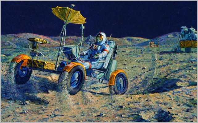 Lunar "Grand Prix"
Apollo 16 Commander John Young is putting the Lunar Rover through a full test. This was the second mission with the Rover onboard and this Lunar Grand Prix would allow John to evaluate the performance of the Rover in the light gravity and the dusty, cratered, and rocky surface of the Moon.
His companion, Charlie Duke, is photographing it all with the 16-mm Data Acquisition Camera normally mounted on the Rover, but hand-held temporarily to document the Rover motion.

John later said:"The tendency was to drive wide open or very close to that and take what you got. The best reference to speed control was the speedometer, as I really didn't have a feel for the difference between 7 and 10 Km per hour."
Later, he demonstrated a sharp turn at ax speed, about 10 Km per hour. I made the Rover end break out to show the engineers how it looked. 
It is no problem as all I had to do was cut back like I do when driving in snow...I didn't get up to any great speed, maybe 10 clicks at the most, but the terrain around there was too rough and rocky for that kind of foolishness..."

Charlie, who was filming it all, told Houston, "...man, Indy has never seen a driver like this."

Parole chiave: The Universe Inside