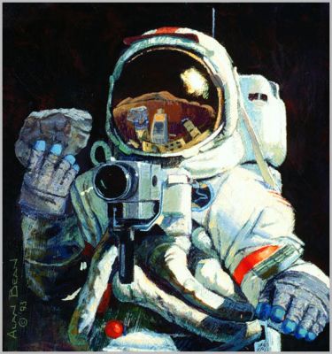 Mankind Rock
This is Gene Cernan as he was near the end of the third moonwalk of Apollo 17. He and astronaut-geologist Jack Schmitt had completed most of their work and were just gathering final equipment and samples, putting them aboard the lunar module. At this point, Gene turned toward the television camera and said, "Jack has picked up a very significant rock, composed of many fragments of many sizes and many shapes, probably from all parts of the Moon, probably billions of years old, but a rock of all sizes and shapes and even colors that had grown together to become a cohesive rock, outlasting the nature of space, sort of living together in a very coherent, very peaceful manner. We'd like to share a piece of this rock with many of the countries throughout the world. We hope that this will be a symbol of what our feelings are." Then they continued their preparations for leaving the Moon.
Gene knew he would be the last man on the Moon for quite a long time. As he closed his checklist and prepared for his ascent up the ladder, he said, "As we leave the Moon at Taurus-Littrow, we leave it as we came and, God willing, we shall return with peace and hope for all mankind." Gene Cernan, last man on the Moon, 5:34 a.m. GMT, December 14, 1972.

I felt this was such a fitting and proper occasion in the history of manned lunar exploration that I created two nearly identical paintings of this moment.

Parole chiave: The Universe Inside