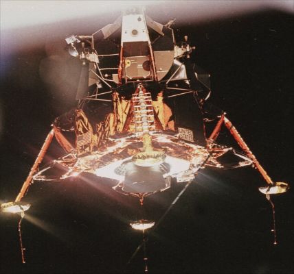 AS 11-44-6574 - The "Eagle" (HR)
Caption NASA originale:"A view of the LM Eagle, shortly after undocking from Columbia. At this point, Mike Collins is doing a visual inspection of the Lunar Module, and is verifying that the landing gear is down and locked.
An evolution in the LM's design is also apparent: the RCS plume deflectors, mounted on the Descent Stage underneath each RCS quad, were added to prevent the thermal damage observed on the Apollo 10 LM. 
To verify for yourself, please refer and compare this photograph with that of the Apollo 10 LM ( AS 10-34-5085 )".
Parole chiave: Lunar Module in Space
