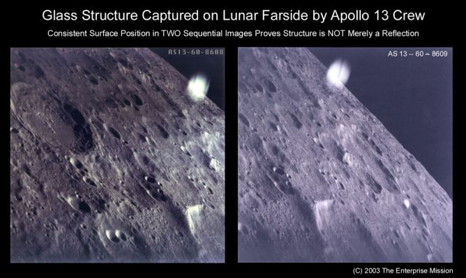 AS 13-60-8608 and 8609: a reflection or a "Lunar Dome"?
Questi due fotogrammi sono stati elaborati a cura di Steve Troy, Discepolo del Prof. Richard Hoagland - l'Uomo della "Sfinge di Marte" - e membro dell'Associazione conosciuta come "Enterprise Mission". Il lavoro svolto dal collega Troy (anche se noi non ne condividiamo alcuna delle conclusioni...) è davvero molto buono e su questo non vi sono dubbi.
Ma il punto focale, a nostro parere, sta sempre nell'assunzione di partenza: sulla Luna - dicono infatti Hoagland e Troy (e tantissimi altri insiame a loro) - ci sono delle "cupole" di cristallo e questi bagliori ne sono il riflesso.
Hoagland, Troy & Co., in altre parole, CONSIDERANO CERTA l'esistenza di queste indefinibili strutture e poi cercano le prove (che saranno sempre e comunque solo indirette, però) della loro esistenza. 
Ora, con tutto il rispetto per il lavoro svolto da Hoagland e dai suoi Collaboratori e Discepoli, noi dobbiamo dire che questo approccio alla materia ci sembra sbagliato e contrario non solo alla logica, ma anche al buon senso.
Parole chiave: Controversial - Moon surface anomalous features
