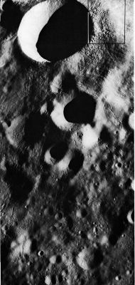 AS 16-4136 - Cratered Region near Mandel'shtam (1)
This view looks southward near Mandel'shtam on the Lunar Far-Side. Most young lunar craters wider than about 40 Km have flows on their rims that resemble lava flows or mud flows on Earth. The unnamed crater near the top is about 14 Km wide and was recognized by H. J. Moore (1972) as being the smallest crater known to have such flows. Flows in the middle of the picture surged downhill off the high rim of the crater making lobes and tongues and leaving behind drained channels with levees. 
In the area to the right of the crater, enlarged in the next frame, are some thin lobate flows that apparently rode over small hills, as if these flows were propelled outward from the crater with sufficient velocity to climb the hills. Ejecta deposits farther than about 1 Km from the rim are radially lineated and are smoother than the ground immediately surrounding the crater. The crisp, blocky zone around the crater is typical of many fresh craters.
Parole chiave: The Moon from orbit - Highly Cratered Region