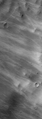Light-toned DD Streaks in Schiaparelli Crater (Original NASA/MGS/MSSS b/w Frame)
Caption NASA originale:"In honor of Giovanni V. Schiaparelli's 170th birthday (04-03-1835/04-03-2005), we present this MGS-MOC image showing light-toned dust devil streaks on the southern floor of Schiaparelli Crater".

Location near: 5,3° South Lat. and 343,3° West Long.
Image width: ~3 km (~1.9 mi)  
Illumination from: upper left  
Season: Southern Autumn
Parole chiave: Mars from orbit - Aeolian Features - Dust Devil Tracks (DD Tracks)