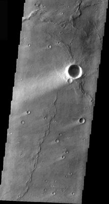 Windstreaks near Meroe Patera (Original NASA/2001 Mars Odyssey Orbiter b/w Frame)
Caption NASA originale:"These Windstreaks are located on the Lava Flows of Meroe Patera, Syrtis Major Planum Region". 

Image information: VIS instrument 
Latitude 5,7; Longitude 73,2 East (286,8 West) 
36 meter/pixel resolution
Parole chiave: Mars from orbit - Windstreaks