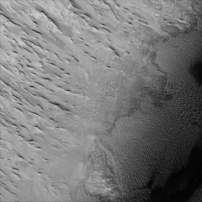 Yardangs in Terra Sabaea (3 - Original NASA/MGS/MSSS b/w Frame)
Location near: 1,4° North Lat. and 333,9° West Long.
Image width: ~3 Km (~1,9 mi)  
Illumination from: upper left  
Season: Northern Spring
Parole chiave: Mars from orbit - Aeolian Features - Yardangs in Terra Sabaea