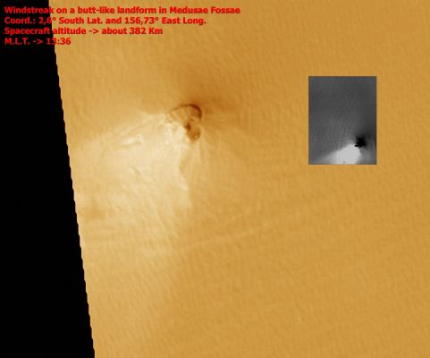Windstreak with misunderstanding
Un nuovo esempio, certo non l'ultimo (magari lo fosse!), di come una brutta immagine (o anche un’immagine difettosa) crea un "caso" – anzi: una Anomalìa di Superficie – e come un'analisi accurata ed attenta del frame in versione integrale e ad HR, risolve il malinteso. 
Nell'inset in b/n, un rilievo scuro ed ambiguo sembra proiettare un potente raggio di luce sulla superficie di un’area pianeggiante situata nella Regione Marziana di Medusae Fossae. 
Nell'immagine grande, HR ed in colori naturali, il rilievo scuro ed ambiguo diventa una normale collinetta "a ceppo" (o “butt”) ed il potente raggio di luce si evidenzia per quello che è: un windstreak. 
Uno degli oltre centomila windstreaks che caratterizzano le Grandi Pianure di Marte. 
Come mai il misunderstanding? Un semplice vizio di saturazione nel frame in b/n. 
E perchè, comunque, l'eventuale "raggio di luce" non potrebbe essere mai un "raggio di luce"? 
Scegliete Voi uno (o più di uno) di questi motivi:

1) perchè la luce si propaga in linea retta e non in linea “tremula” (a meno che non ci si trovi nei pressi di una sorgente di super-gravità, quale può essere un black hole);
2) perchè la foto è stata scattata alle 13:36, in pieno giorno marziano e, in una foto ottenuta da quasi 400 Km di altezza, una sorgente di luce radente, per quanto potente possa essere, non risulterebbe comunque percepibile nè risolvibile;
3) perchè il rilievo in questione non presenta, nemmeno operando dei super-stretches, alcuna apertura (una "vent", tecnicamente) dalla quale potrebbe dipartirsi il raggio di luce;
4) perchè le sorgenti di luce radente, in fotografia astronomica e spaziale, quando ci sono, si configurano in maniera molto diversa.

Conclusione: onde evitare di prendere delle terrificanti sviste, si suggerisce sempre di esaminare i frames in HR e quindi, come insegnano la prassi e l'esperienza, cercare di essere, si, possibilisti, ma anche - e soprattutto - razionali e pragmatici.

Poi, ovviamente ed alla fine, ognuno può sempre pensare (di vedere) quello che vuole, ci mancherebbe altro: in fondo, esistono personaggi che hanno costruito e costruiscono fortune sulle sviste... 

Parole chiave: Mars from orbit - Windstreaks - Medusae Fossae