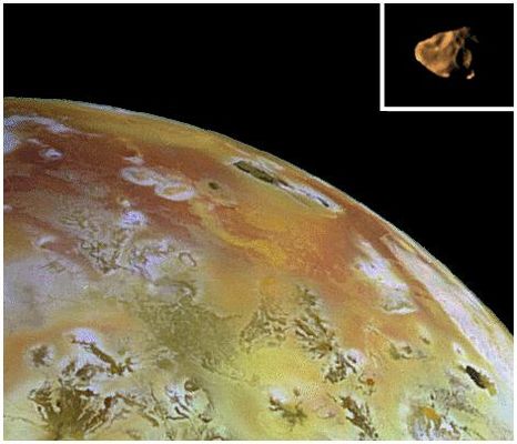 Amalthea and Io (approx. true colors)
Composite view of Amalthea and Io at the same scale. The visible part of Amalthea is about 150 Km across. The colors are just approximate. Amalthea is actually much darker than Io, but is displayed at a similar brightness for ease of viewing. The shape of Amalthea is controlled largely by impact cratering and fragmentation. In contrast, Io, like Earth, has gravity sufficient to form it into a slightly ellipsoidal sphere. Amalthea is covered by craters because there are no processes which erode or cover them efficiently. On extremely volcanically active Io, impact craters are covered quickly by lavas and other volcanic materials. Some of the volcanic materials escape from Io and probably contribute to the reddish colors of Amalthea and the other small inner satellites. The Amalthea and Io composites, obtained by the Solid State Imaging (SSI) camera on NASA's Galileo spacecraft on different orbits, were placed side by side for comparison purposes. The Amalthea composite combines data taken with the clear filter of the SSI system during orbit six, with lower resolution color images taken with the green, violet, and 1 micrometer filters during orbit 4. The Io data was obtained on July 2nd, 1998 (orbit 14) using the green, violet, and 1 micrometer filters.

Parole chiave: Jupiter Moons - Amalthea and Io