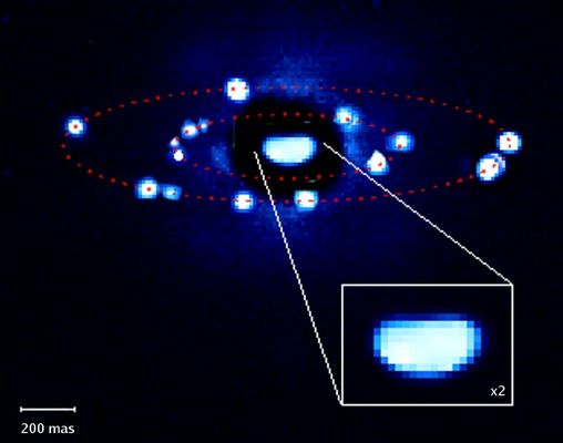 87 Sylvia and the Founders of Rome
Da "NASA - Picture of the Day" del 17 Agosto 2005:"Discovered in 1866, Main Belt Asteroid 87 Sylvia lies 3.5 AU from the Sun, between the orbits of Mars and Jupiter. Also shown in recent years to be one in a growing list of double asteroids, new observations during August and October 2004 made at the Paranal Observatory convincingly demonstrate that 87 Sylvia in fact has two moonlets - the first known triple asteroid system. At the center of this composite of the image data, potato-shaped 87 Sylvia itself is about 380 Km wide. The data show inner moon, Remus, orbiting Sylvia at a distance of about 710 Km once every 33 hours, while outer moon Romulus orbits at 1360 Km in 87,6 hours. Tiny Remus and Romulus are 7 and 18 Km across respectively. Because 87 Sylvia was named after Rhea Silvia, the mythical mother of the Founders of Rome, the discoverers proposed Romulus and Remus as fitting names for the two moonlets (...)".
Parole chiave: From Earth Images - Paranal Observatory