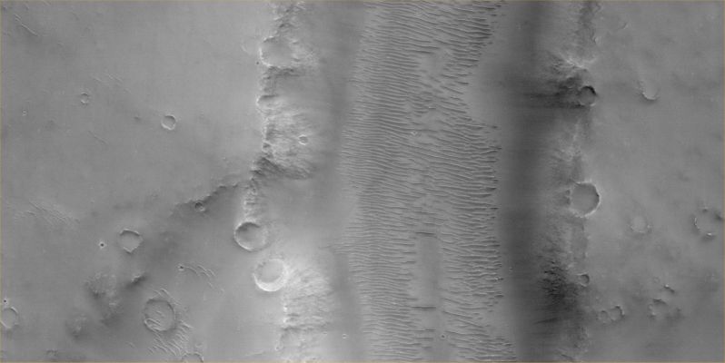 Evros Vallis (Original NASA/MGS/MSSS b/w Frame)
Caption NASA originale:"This MGS-MOC image shows a small portion of Evros Vallis, an ancient Channel located South of the large Impact Basin, Schiaparelli. In this image, the Walls and Floor of the Valley, as well as the adjacent upland, are all mantled by Dust. In addition to the Dust Mantle, large, windblown Ripples occur in low-lying areas, particularly on the Valley Floor. The Ripples, also, have been covered by Dust".

Location near: 12,7° South Lat. and 346,7° West Long.
Image width: ~3 Km (~1,9 mi)  
Illumination from: upper left  
Season: Southern Autumn
Parole chiave: Mars from orbit - Evros Vallis