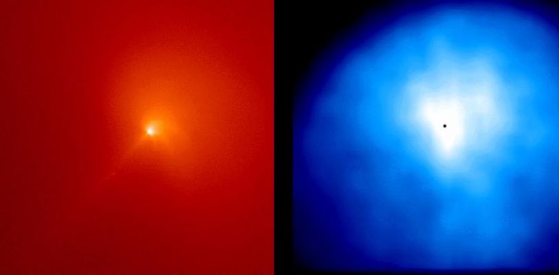 The "Hyakutake" Comet
Original caption:"These are 2 images of the inner coma of Comet Hyakutake made on April 3 and 4, 1996, using the NASA HST-WFPC2. The 1st one, shown in red, was taken through a narrow-band red filter that shows only sunlight scattered by dust particles in the inner coma of the comet. The 2nd one, shown in blue, was taken with an ultraviolet "Woods" filter image that shows the distribution of scattered ultraviolet radiation from H atoms in the inner coma (the "coma" is the head - or dusty-gas atmosphere - of a comet). The square field of view is 14.000 Km on a side and the Sun is toward the upper right corner of the image. H atoms represent the most abundant gas in the whole coma of the comet. They are produced when solar ultraviolet light breaks up molecules of water, the major constituent of the nucleus of the comet. The inner yellow region near the center of the red dust image is dominated by the contribution from the dust which shows sunward directed spiral jets to the upper right". 
Parole chiave: Hubble Images - Comet Hyakutake
