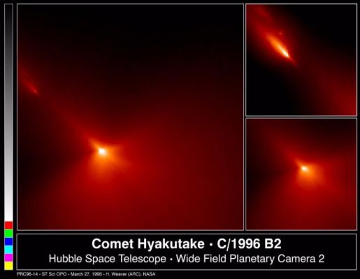 The "Hyakutake" Comet
FULL-FIELD VIEW (Left)--->This image is 3340 Km acroos and shows that most of the dust is being produced on the sunward-facing hemisphere of the comet. Also at upper left are 3 small pieces which have broken off the comet and are forming there own tails. Icy regions on the nucleus are activated as they rotate into sunlight, ejecting large amounts of dust in the jets that are faintly visible in this image. Sunlight striking this dust eventually turns it around and "blows" it into the tailward hemisphere. What might be another jet is emanating from the nightside of the nucleus, but this direction might be misleading due to the angle of the jet relative to our line-of-site.
CLOSE-UP OF NUCLEUS (Bottom Right) This expanded view of the near-nucleus region is only 760 Km across. The nucleus is near the center of the frame, but the brightest area is probably the tip of the strongest dust jet rather than the nucleus itself. Presumably, the nucleus surface lies just below this bright jet.
CLOSE-UP OF COMET FRAGMENTS (Top Right) This image shows pieces of the nucleus that apparently broke off and were first detected during ground-based observations on March 24. The Hubble image shows at least three separate objects that are probably made up of coarse-grained dust. Large fragments of the nucleus would not be accelerated into the tail, which appears to be the case in this image.


Parole chiave: Hubble Images - Comet Hyakutake