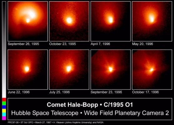 Hale-Bopp - HST (2)
In questi 8 frames HST l'Anomalia di cui parlavamo per il quadro precedente si vede ancora solo nelle prime due immagini (26 Settembre e 23 Ottobre). Noi diciamo con chiarezza che si tratta di qualcosa di reale e di inspiegabile; magari non sarà una Nave Spaziale aliena che si è accodata ad Hale-Bopp ma è certo che qualcosa era vicino alla cometa e 1) la seguiva oppure 2) faceva parte di essa.
Le Fonti Ufficiali non hanno detto MAI nulla, ma queste immagini parlano - chiaramente - da sole.
Che cosa, dunque, seguiva e/o accompagnava Hale-Bopp?!?...
Parole chiave: Hubble Images - Comets