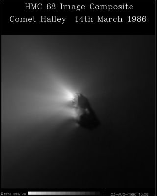 The Halley Comet, from Giotto
Caption ESA originale:"A composite image of the nucleus of comet Halley. This image is composed of 68 images of varying resolution. The data at the brightest point on the nucleus is at the highest resolution (50 m). 
The Sun comes from 30° above the horizontal to the left and is 17° behind the image plane (observation phase angle of 107°). The night side of the nucleus can be seen silhouetted against a background of bright dust in the far-field. Jets can be seen originating from 2 regions on the nucleus. Structure can be seen within the jets. A bright area is seen within the night side of the nucleus. We believe this to be a hill or mountain approximately 500 mt high. Other surface details can be seen in the illuminated region".
Parole chiave: Comets: images from Space