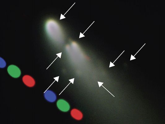Comet Schwassmann-Wachmann 3: incoming Space debris!
Da "NASA - Picture of the Day" del 26 Aprile 2006:"A crumbling comet will soon pass near the Earth. Comet 73P/Schwassmann-Wachmann 3 is brightening and may even be visible to the unaided eye when the fragmented comet zooms past Earth during the middle of next month. Still, the small comet poses no Earth hazard, since it will pass the Earth at about 25 times the distance of the Moon. Exactly how bright Comet Schwassman-Wachmann 3 will get is unknown. It is even possible, althought unlikely, that debris from the comet will have spread out enough to cause a notable meteor shower. Pictured above, Fragment B of Comet Schwassman-Wachmann 3 was photographed two nights ago by a 8.2-meter Very Large Telescope in Chile. Visible to the lower right of the large B Fragment are many mini-comets that have broken off and now orbit the Sun separately. Each mini-comet itself sheds gas and dust and so appears to have its own hazy coma. 
The comet will pass closest to the Sun on June 7, 2006".
Parole chiave: Comet Schwassmann-Wachmann 3
