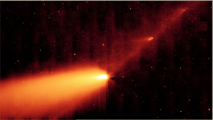 Comet Schwassmann-Wachmann 3: the whole "crumbling" Comet (1)
This false-color mosaic of crumbling Comet Schwassmann-Wachmann 3 spans about 6° (about 12 full moons) along the Comet's orbit. Recorded on May 4-6, 2006, by an infrared camera on board the Spitzer Space Telescope, the picture captures about 45 of the 60 or more alphabetically cataloged large Comet Fragments. The brightest fragment at the upper right of the track is Fragment "C" (frame 1). Bright Fragment "B" is below and left of center (frame 2). Looking for clues to how the Comet broke up, Spitzer's infrared view also captures the trail of dust left over as the Comet deteriorated during previous passes. Emission from the dust particles warmed by sunlight appears to fill the space along the cometary orbit. The fragments are near their closest approach in the coming days, about 10 MKM away, and none pose any danger to our fair Planet.
Parole chiave: From Space Images - SST