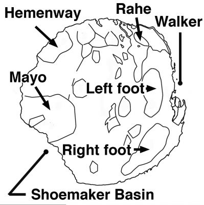 The map of Comet Wild 2
Una mappa - non particolarmente dettagliata ma comunque idonea a farci vedere e riconoscere le aree maggiormente importanti - della Cometa Wild 2. La mappa in oggetto è stata ottenuta sulla base delle riprese della cometa effettuate dalla Sonda "Stardust" il 2 Gennaio 2004 e, in particolare, impiegando il frame che Vi mostriamo nel quadro successivo.
I nomi indicati per le diverse aree di Wild 2 sono quelli utilizzati dallo "Stardust Team". 
Da notare, infine, che il "bacino Shoemaker" potrebbe (a dispetto delle apparenze) NON aver avuto origine da un impatto.
Parole chiave: Maps & Diagrams