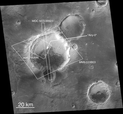 Mars' Prime Meridian, such as: Longitude "0" (1 - Original NASA/MGS/MSSS CTX b/w Frame)
On Earth, the Longitude of the Royal Observatory in Greenwich, England is defined as the "Prime Meridian" or the 0 point of Longitude. Locations on Earth are measured in degrees East or West from this position. 
The Prime Meridian was defined by an International Agreement in 1884 as the position of the Transit Circle: a large telescope located in the Observatory's Meridian Building. The Transit Circle was built by Sir George Biddell Airy, the 7th Astronomer Royal, in 1850. While visual observations with Transit were the basis of navigation until the space age, it is interesting to note that the current definition of the Prime Meridian is in reference to orbiting satellites and Very Long Baseline Interferometry (VLBI) measurements of distant radio sources such as quasars. 

However, said "International Reference Meridian" is now about 100 mt East of the Transit Circle at Greenwich.

For Mars, the Prime Meridian was first defined by German astronomers W. Beer and J. H. Mädler in 1830-32. 
Parole chiave: Mars from orbit - Craters - Airy Crater
