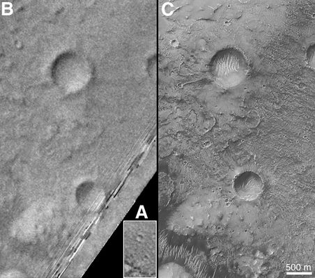Mars' Prime Meridian, such as: Longitude "0" (2 - Original NASA/MGS/MSSS CTX b/w Frame)
Beer and Mädler used a small circular feature, which they designated "a" as a reference point to determine the rotation period of Mars. The Italian astronomer G. V. Schiaparelli, in his 1877 map of Mars, used this feature as the 0 point of Longitude. It was subsequently named Sinus Meridiani ("Middle Bay") by Camille Flammarion. 
When Mariner 9 mapped the Planet at about 1 Km (0,62 mile) resolution in 1972, an extensive control net of locations was computed by Merton Davies of the RAND Corporation. Davies designated a 0,5-Km-wide crater, subsequently named Airy-0 (within the large crater Airy in Sinus Meridiani) as the Longitude 0 point. 
Airy-0 was imaged once by Mariner 9 and once by the Viking 1 orbiter in 1978, and these 2 images were the basis of the Martian Longitude System for the rest of the 20th Century. The MGS has attempted to take a picture of Airy-0 on every close overflight since the beginning of the mapping of Mars.
Parole chiave: Mars from orbit - Craters - Airy Crater