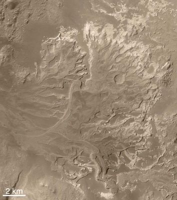 Eberswalde Crater and Delta in HR
Original caption:"Scientifically, perhaps the most important result from use of the MOC on NASA's MGS during that spacecraft's extended mission has been the discovery and documentation of a 'fossil delta'. The feature is located in a crater northeast of Holden Crater, near 24,0° South Latitude and 33,7° West Longitude. Since the announcement of the discovery of the delta in November 2003, the International Astronomical Union has provided a provisional name (pending final approval) for the crater in which the landforms occur. 
The crater has been named Eberswalde (a German town). 
This image offers a HR view of a portion of the fossil delta than any seen earlier. North is up. At the bottom of the frame, the image includes the north end of a looping, inverted, meandering channel. The image covers an area of about 3 by 3 Km (about 1,9x1,9 miles). It was produced using a technique called "compensated pitch and roll targeted observation," in which the rotation rate of the spacecraft is adjusted to match the ground speed under the camera. At full resolution, this map-projected image is at 50 centimeters (20 inches) per pixel".
Parole chiave: Mars from orbit - Craters