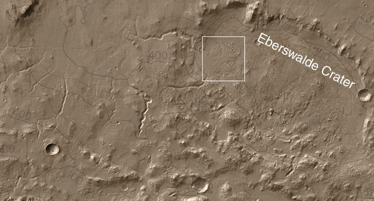 Eberswalde Crater and Delta in HR
Original caption:"Additional images from MOC provide some context and show a nearby portion of the fossil delta's inverted channels at a spatial scale of 1,5 mt (about 5 feet) per pixel. The relative positions of these 3 images are indicated in a mosaic image of the entire delta - picture (1). The first MOC narrow angle images of some of the landforms in the delta were acquired in 2000, during the MGS primary mission, but those pictures did not show very well the unambiguous inverted channel forms. Not until the second Earth year of the orbiter's extended mission were the deltaic features recognized in MOC images obtained in March and June of 2002. 
Following the initial observations in 2002, the MOC Team began a systematic effort to map the entire Eberswalde Crater delta. Most of this imaging required slewing the whole spacecraft in a technique called "roll only targeted observation" so that it pointed the camera toward the feature. In this way, the camera team was able to build up a mosaic of the delta much more quickly than would have been the case if the team had simply relied upon chance crossing of the delta by the orbiter's usual ground track. This technique was not employed during Mars Global Surveyor's primary mission, except in the search for Mars Polar Lander, but became a routine part of the tool kit during the extended mission".
Parole chiave: Mars from orbit - Craters