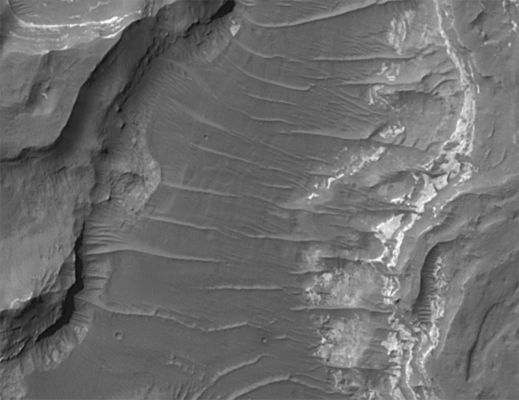 Eberswalde Crater and Delta (Sub-meter-per-pixel cPROTO - detail mgnf)
Original caption:"After the sediments were deposited to form the delta, the material was further buried by other materials - probably sediments - that are no longer present. The entire package of buried material became cemented and hardened to form rock. Later, erosive processes - such as wind - stripped away the overlying rock, re-exposing the delta. Now preserved essentially as a fossil, the former floors of channels in the delta became inverted, to form ridges, by erosion. Channels can be inverted by erosion on both Earth and Mars. Usually this happens when the channel floor, or the material filling the channel, is harder to erode than the surrounding material into which the channel was cut. In some cases, the channels on Earth and Mars have been filled by lava to make them more resistant to erosion. In the case of Eberswalde, there are no lava flows; instead, the channel floors may have been rendered resistant to erosion either by being better-cemented than the surrounding material, or composed of coarser-grained sediment (such as sand and gravel as opposed to silt), or both".
Parole chiave: Mars from orbit - Craters