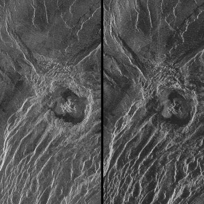 Magellan Probe: radio image of Geopert-Meyer Impact Crater
Caption NASA originale:"During the third global cycle of Magellan's radar mapping mission, images were obtained at viewing angles that were slightly different than those used in the first two cycles. This strategy was designed to produce stereo image pairs, which take advantage of distortions induced by the different views to provide details of the surface topography. This is a stereo image pair of Crater Geopert-Meyer, named for the 20th Century Polish physicist and Nobel laureate (60° north latitude; 26,5° east longitude). The Crater, 35 Km (22 miles) in diameter, lies above an escarpment at the edge of a ridge belt in southern Ishtar Terra. West of the crater the scarp has more than 1 Km of relief. Perception of relief may be obtained with stereo glasses or a stereoscope".
Parole chiave: Naked Venus