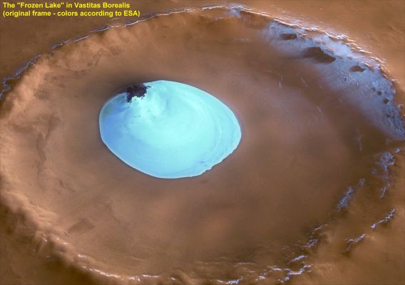 The misterious "Frozen Lake" of Vastitas Borealis (1 - Natural Colors; credits ESA)
Caption ESA:"The HRSC on ESA's Mars Express obtained this perspective view on 2 February 2005 during orbit 1343 with a ground resolution of approximately 15 mt per pixel. It shows an unnamed impact crater located on Vastitas Borealis, a broad plain that covers much of Mars's far Northern Latitudes, at approx. 70,5° North Lat. and 103° East Long. 
The crater is about 35 Km wide and has a maximum depth of approx. 2 Km beneath the crater rim. The circular patch of bright material located at the centre of the crater is residual water ice. 
The colours are very close to natural, but the vertical relief is exaggerated three times. The view is looking East".

Nota: noi crediamo che questo cratere sia molto più enigmatico di quanto non appaia poichè, pur avendo esaminato tutti i frames NASA-MGS relativi alla Regione di Vastitas Borealis (in particolare quelli rapprsentativi dell'area suggerita dalle coordinate ESA), non ci è riuscito di individuare il "laghetto ghiacciato". 

Il cratere senza nome che lo dovrebbe contenere, poi, appare solo una volta - e solo in una veduta PARZIALE! - in un frame NASA-Mars Odyssey che Vi proporremo qui di seguito.
Infine, i "colori naturali" di Vastitas Borealis, in accordo ai dati NASA disponibili (i quali sono anche comprensivi di informazioni ottenute sia attraverso vedute telescopiche HST, sia attraverso osservazioni effettuate da Terra), dovrebbero essere molto diversi da quelli suggeriti dall'ESA (noi Vi proporremo tre elaborazioni al riguardo).  
 

Parole chiave: Mars from orbit - Crater with Lake - Vastitas Borealis