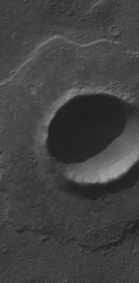 Unnamed Crater in Noachis Terra (Original NASA/MGS/MSSS b/w Frame)
Caption NASA originale: "This Mars Global Surveyor (MGS) Mars Orbiter Camera (MOC) image shows an impact crater, a little over 2 Km (> 1,2 mi) in diameter, located in Noachis Terra near 50.4°S, 14.3°W. The crater's bouldery ejecta blanket has protected underlying material from being eroded away by wind, leaving the ejecta up on a low pedestal. This picture covers an area about 3 km (1.9 mi) across, and is illuminated by sunlight from the upper left".
Parole chiave: Mars from orbit - Craters - Unnamed Crater - Noachis Terra