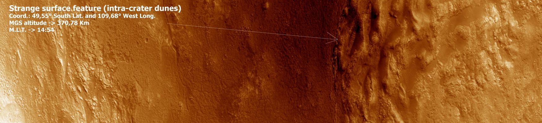 Intra-Crater Dunes (CTX Frame - Extremely Enhanced and Saturated Natural Colors; credits for the additional process. and color.: Dr Paolo C. Fienga - Lunexit Team)
nessun commento
Parole chiave: Mars from orbit - Dunes - Controversial