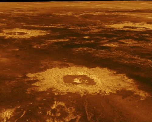 3D view of impact craters in Lavinia Planitia (simulated colors)
Caption NASA originale:"Three impact craters are displayed in this 3D perspective view of the surface of Venus. The center of the image is located at approx. 27° South latitude, 339° East longitude in the NWestern portion of Lavinia Planitia. The viewpoint is located SW of Howe Crater, which appears centered in the lower portion of the image. Howe is a crater with a diameter of 37,3 Km. Danilova, a crater with a diameter of 47,6 Km, appears above and to the left of Howe in the image. Aglaonice, a crater with a diameter of 62,7 Km, is shown to the right of Danilova.Magellan synthetic aperture radar data is combined with radar altimetry to develop a three-dimensional map of the surface. Rays cast in a computer intersect the surface to create a three-dimensional perspective view. Simulated color and a digital elevation map developed by the U.S. Geological Survey are used to enhance small-scale structure. The simulated hues are based on color images recorded by the Soviet Venera 13 and 14 spacecraft".
Parole chiave: 3D Venus