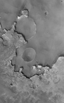 Sedimentary Rocks (Original NASA/MGS/MSSS b/w Frame)
Caption NASA originale:"Burial and Exhumation of Impact Craters, and their destruction by erosion, are common and repeated themes all over the Surface of Mars. Many Craters in Western Arabia Terra exhibit light-toned, Layered Outcrops of ancient Sedimentary Rock. Like the Sedimentary Rocks explored further to the South in Meridiani Planum by the Opportunity Mars Exploration Rover (MER-B), these "Intracrater Sedimentary Rocks" may have been deposited in water. This MGS-MOC image shows an example of light-toned Sedimentary Rocks outcropping in an Unnamed Crater that is much farther North than most of the similar examples in Western Arabia Terra. This one is located near 36,6° North Lat. and 1,4° West Long. and shows several old Impact Craters in various states of erosion and exhumation from beneath and within the Sedimentary Rock Materials. The image covers an area of approx. 3 Km".
Parole chiave: Mars from orbit - Craters - Unnamed Craters