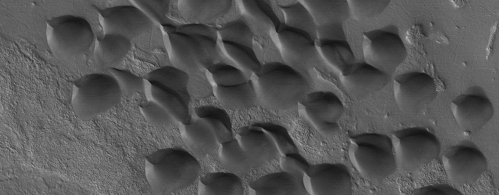 The Dunes of Wirtz Crater (Original NASA/MGS/MSSS b/w Frame)
Caption NASA originale:"This MGS-MOC image shows dark Sand Dunes, formed by winds blowing from the South-West (upper right), in Wirtz Crater. The Crater is named for Carl Wilhelm Wirtz (1876–1939), a German astronomer".  

Location near: 49,0° South Lat. and 25,5° West Long.
Image width: ~3 Km (~1,9 mi)  
Illumination from: upper left  
Season: Southern Autumn
Parole chiave: Mars from orbit - Craters - Wirtz Crater