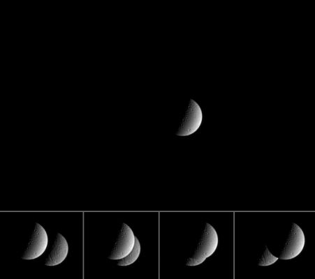 Dione and Rhea: full sequence of their "dance"
Caption NASA originale:"Rhea (1.528 Km across) is larger than Dione (1.118 Km), but also is farther away as seen here, which explains why the two moons appear to be roughly the same angular size. 
The view shows principally the anti-Saturn side of Dione, and the Saturn-facing side of far-off Rhea. 
The images in this mosaic were taken in visible light with the Cassini spacecraft narrow-angle camera on Feb. 20, 2005, at a distance of approximately 1,5 MKM (approx. 900.000 miles) from Dione and about 2,3 MKM (approx. 1,4 MMs) from Rhea. 
The image scale is approximately 9 Km per pixel on Dione and 14 Km per pixel on Rhea".
Parole chiave: Saturn's Moons - Dione and Rhea