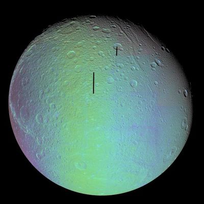 Dione (full view - false colors)
Non sappiamo se siamo stati sufficientemente chiari sulla delicatissima tematica che abbiamo cercato di affrontare, sebbene solo per sommi capi. Ciò che conta, in ultima analisi, è non uccidere l'immaginazione e, con essa, la capacità di meravigliarsi davanti a qualcosa che supera (per definizione) i confini dello Spazio e del Tempo: lo studio dell'Astronomia e dell'Astrofisica, una volta eliminata la componente "immaginifica" che è propria di queste Scienze, rischia di diventare - sempre a nostro parere - uno studio fine a se stesso. 
Coniugare l'armonia delle cosiddette "Meccaniche Celesti" a qualcosa di più vicino alla nostra Natura Umana, invece, potrebbe permetterci di arrivare davvero - in un futuro - a "vedere" qualcosa di più ed a "capire" qualcosa di più. 

Ma forse questa visione è solo una nostra "fantasia". Le Vostre opinioni al riguardo, ad ogni modo, saranno bene accette.
Parole chiave: Saturn's Moons - Dione