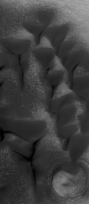 Dark Dunes in Noachis Terra (Original NASA/JPL/MSSS b/w Frame)
Caption NASA originale:"This MGS-MOC image shows low albedo Sand Dunes on the floor of a crater in Southern Noachis Terra". 

Location near: 52.5° South Lat. and 336.9° West Long.
Image width: ~~3.0 Km (~1.9 mi) 
Illumination from: upper left 
Season: Southern Autumn
Parole chiave: Mars from orbit - Dunes - Noachis Terra
