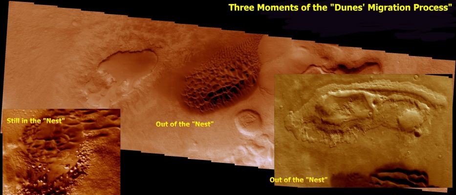 Three moments of the "Dunes' Migration Process" (an Image-Mosaic by Dr Paolo C. Fienga - Lunexit Team)
Forse noi ci affanniamo per nulla. Forse dovremmo smetterla di cercare congruenze, incongruenze, similitudini, singolarità, anomalìe e quant'altro. 
Forse dovremmo, davvero, "piantarla lì", e metterci a cercare le "rovine" delle Antiche Civiltà Marziane. Probabilmente finiremmo con il farci ridere dietro anche dai più beceri fra i Ricercatori ma, nel processo, probabilmente riusciremmo anche ad acquisire un poco di "Visibilità" (e, magari, qualche soldo).

Già, "Visibilità". 

E perché “Visibilità”? 
Perchè senza "Visibilità", le Fondazioni e le Associazioni che fanno della Ricerca il loro scopo, nel tempo (in fondo nemmeno tanto), finiscono con il morire. 
E non solo per una "cronica mancanza di fondi" (una malattia, anch'essa, assai temibile e spesso mortifera), bensì per "consunzione".

Consunzione, ovvero un misto di stupore, rabbia, noia e, alla fine, sconcerto. Un mix di sentimenti davvero letale.

Quel mix che, ogni volta che ci capita di leggere qualche nuova "strabiliante scoperta" sulle summenzionate "Antiche Civiltà Marziane", riesce a farci passare la voglia anche di metterci a dibattere.

E si: perchè, nel momento in cui lo facessimo (seriamente), non otterremmo altro se non lo scopo perseguito dai Fautori di questa nuova (e sempre più ridicola) pseudo-Scienza.

Quale scopo? Ma è ovvio: acquisire "Visibilità"!...

Nel montaggio: movimenti compatti di Campi di Dune le quali, viste e considerate anche le loro forme ed orientazioni, sembrano provenire dai rilievi infossati che giacciono nei loro pressi. 

Forse una coincidenza, forse un indizio.

Che cosa sono, realmente, le “Dune Migranti”?...


Parole chiave: Mars from orbit - Dunes - Migrating Dunefields