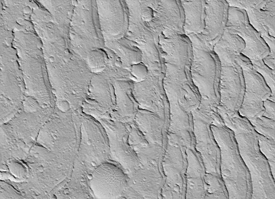 Paleodunes (1 - Original NASA/MGS/MSSS b/w Frame)
Caption NASA:"A pair of MGS-MOC images shows close-up views of a Sand Dunefield that was first detected by the Viking Orbiters in the late 1970's. What is surprising about the MOC images is that they reveal a dune field unlike any other thus far seen on Mars: this one has Impact Craters on its Surface, and LOTS of them! The field of parallel Ridges North of the Dunefield is a wind-eroded material named "Apollinaris Sulci". It is possible that the Dunefield shown here was once covered by this wind-eroded material and was later exhumed. Regardless, the Dunes were somehow hardened and have been exposed as hard rock on the Martian Surface long enough for many Impact Craters smaller than a few hundred meters (such as few hundred yards) across to form. These Dunes are therefore quite ancient: one might say that this is a 'fossilized' Dunefield".
Parole chiave: Mars from orbit - Paleodunes