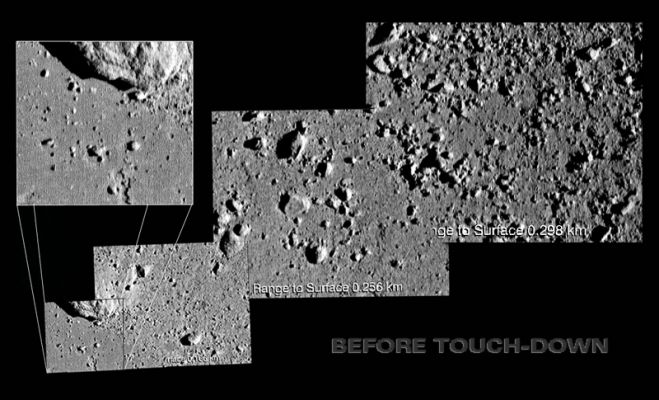 433 Eros: 4 years after the "touch-down"!
Caption da "NASA - Picture of the Day" del 12.02.2005:"On 12 February, 2001, the NEAR-Shoemaker spacecraft gently touched-down on the the surface of Eros - the first ever landing on an asteroid. During the descent, the spacecraft's camera recorded successive images of the diminutive world's surface, revealing fractured boulders, dust filled craters, and a mysterious collapsed channel. The last frame, seen in the above montage at the far left, was taken at a range of 128 meters. Expanded in the inset, it shows surface features a few centimeters across. Stereo experimenter Patrick Vantuyne, constructed this montage from the final images in the landing sequence, carefully identifying the overlapping areas in successive frames. Frames which overlap were taken by the spacecraft from slightly different viewpoints, allowing Vantuyne to construct close-up stereo images of the surface of asteroid 433 Eros".
Parole chiave: Asteroids: images from Space