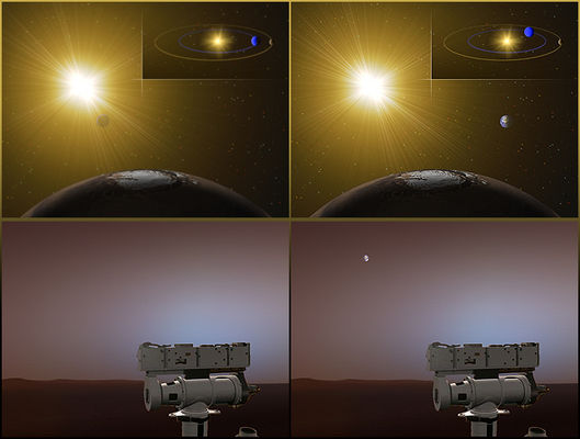 My "Day", your "Night"
Though Earthlings will be able to get a good look at Mars during close approach, NASA's 2 Rovers on Mars will not be able to see Earth. That's because at the moment, Earth is on the daytime side of Mars. As shown in the top half of this artist's rendering, when it's nighttime on Earth, it's daytime on Mars. After Earth passes Mars, the Rovers will be able to see the sunlit side of Earth again just before dawn. The bottom half of this illustration shows what the Rovers would see if they looked toward Earth.
Parole chiave: Artistic Visions of the Solar System