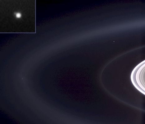 Earth, from Saturn's Space (1)
Caption NASA originale:"Not since NASA's Voyager 1 spacecraft saw our home as a pale blue dot from beyond the orbit of Neptune has Earth been imaged in color from the Outer Solar System. Now, Cassini casts powerful eyes on our home Planet, and captures Earth, a pale blue orb - and a faint suggestion of our Moon - among the glories of the Saturn System. 
Earth is captured here in a natural color portrait made possible by the passing of Saturn directly in front of the Sun from Cassini's point of view. At the distance of Saturn's orbit, Earth is too narrowly separated from the Sun for the spacecraft to safely point its cameras and other instruments toward its birthplace without protection from the Sun's glare. 
The Earth-and-Moon System is visible as a bright blue point on the right side of the image above center. Here, Cassini is looking down on the Atlantic Ocean and the Western Coast of North Africa. The phase angle of Earth, seen from Cassini is about 30°".
Parole chiave: Earth from Space
