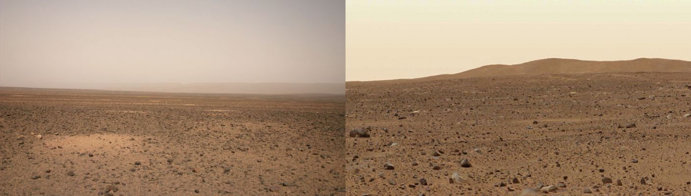 Earth and Mars
Da "NASA - Picture of the Day" del 12 Aprile 2005:"Which image is Earth and which is Mars? One of the above images was taken by the robot Spirit Rover currently climbing Husband Hill on Mars. The other image was taken by a human across the desert south of Morocco on Earth. Both images show vast plains covered with rocks and sand. Neither shows water or obvious signs of life. Each Planet has a surface so complex that any one image does not do that planet justice. Understanding either one, it turns out, helps understand the other. Does the one on the left look like home? Possibly not, but it is Earth".

Una splendida immagine, un'intelligente comparazione, una ovvia domanda: siamo proprio certi che Marte sia un Pianeta "morto"?!?
Parole chiave: Mars & Earth Panorama