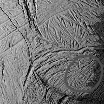 Enceladus fly-by (17) - from approx. 15.000 Km
Una serie di grandi crepacci che mostrano la presenza di ulteriori rilievi - alcuni interpretabili, usando qualche ingrandimento, altri completamente inesplicabili - sui loro fianchi e sul fondo. Siamo ancora a 15.000 Km di distanza dalla superficie di Encelado, ma la quantità di particolari che ora emerge ci permette di stabilire una certa similitudine fra quanto vediamo in questo frame e le "Chevron Grooves" di Miranda (una delle Grandi Lune di Urano). Molto curiosi (e cerchiati in grigio) i "blocchi squadrati" che vediamo sul lato Dx dell'immagine e che ci ricordano un pò (non tanto nella forma, quanto nella loro - apparente - geologia di base) i rilievi della Maggiore delle Lune di Urano: Ariel.
Parole chiave: Saturn's Moons - Enceladus