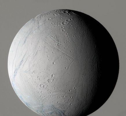 Enceladus (full-disk) - false colors
Caption NASA originale:"During its very close flyby on March 9, 2005, the Cassini spacecraft captured this false-color view of Saturn's moon Enceladus, which shows the wide variety of this icy moon's geology. Some geological regions on Enceladus are old and retain large numbers of impact craters; younger areas exhibit many generations of tectonic troughs and ridges. Subtle differences in color may indicate different ice properties, such as grain sizes, that will help unravel the sequence of geologic events leading to the current strange landscape. In the early 1980's, NASA's Voyager mission to the outer planets revealed a strikingly similar arrangement of terrains on Miranda, an icy moon of Uranus (see PIA 00141). Miranda is 470-Km-wide (290 miles), nearly as large as Enceladus (504 Km). The similarities in size and tectonic history on these objects may suggest that remarkably similar physical processes have controlled the separate geological evolutions of these bodies. The Sun illuminates Enceladus from the left, leaving part of it in shadow and blocking out part of the view of Saturn. This view shows the anti-Saturn hemisphere, centered nearly on the equator". 
Parole chiave: Saturn's Moons - Enceladus