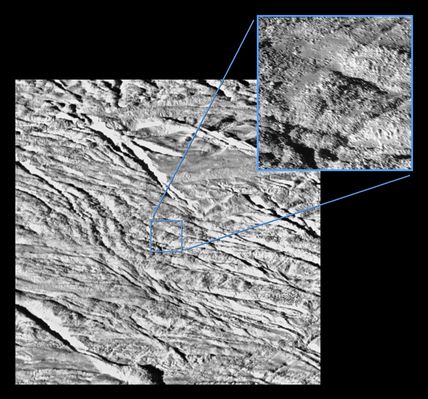 Zooming-in on Enceladus
Caption NASA originale:"The tortured Southern Polar terrain of Enceladus appears strewn with great boulders of ice in these 2 fantastic views - the Highest Resolution images obtained so far by Cassini of any world. 
This comparison view consists of a wide-angle camera image (left) for context, and a HR narrow-angle camera image (right). The 2 images were acquired at an altitude of approx. 208 Km, as Cassini made its closest approach yet to Enceladus. The wide-angle view shows what appears to be a geologically youthful, tectonically fractured terrain. 
In the narrow-angle view, some smearing of the image due to spacecraft motion is apparent. Both of these views were acquired as Enceladus raced past Cassini's field of view near the time of closest approach. At the time, the imaging cameras were pointed close to the moon's limb (edge), rather than directly below the spacecraft. This allowed for less 'motion blur' than would have been apparent had the cameras pointed straight down. Thus, the terrain imaged here was actually at a distance of 319 kilometers (198 miles) from Cassini".
Parole chiave: Saturn's Moons - Enceladus