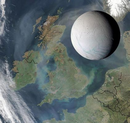 Enceladus, Great Britain and Northern France
Saturn's moon Enceladus is only 505 Km (approx. 314 miles) across, small enough to fit within the length of the United Kingdom, as illustrated here. The intriguing icy moon also could fit comfortably within Arizona or Colorado. 
Parole chiave: Artistic Views of the Solar System