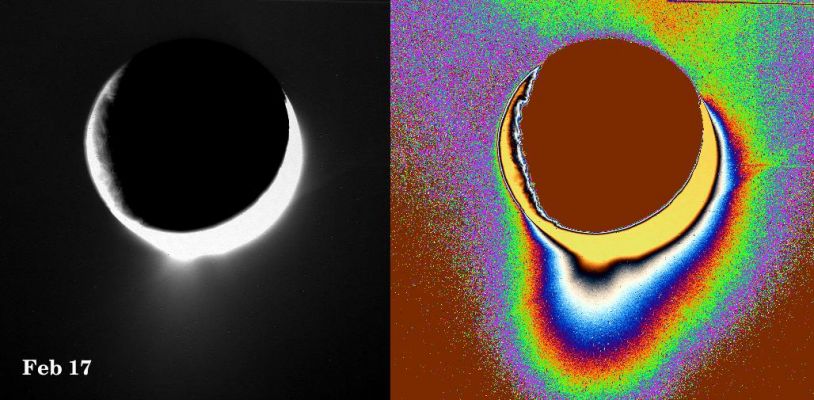 Enceladus' active South Pole (1)
Plumes of icy material extend above the Southern Polar Region of Enceladus, as imaged by the Cassini spacecraft in February 2005. The monochrome view is presented along with a color-coded version on the right. The latter reveals a fainter and much more extended plume component. 
Images like these are being analyzed by scientists as they seek to explain the processes that could be producing such incredible features. As reported in the journal Science on March 10, 2006, imaging scientists believe that the plumes are geysers erupting from pressurized subsurface reservoirs of liquid water above 273 degrees Kelvin (0° C.).

Another plume view was taken 1 month earlier and looks broadside at the moon's prominent "Tiger Stripe" fractures. In the January view, the plume appears to have a single component. The February view looks along the Tiger Stripe fractures and reveals both a large and a small component to the plume; the smaller, fainter component is separated from the main plume by about 100 Km.
Parole chiave: Saturn's Moons - Enceladus