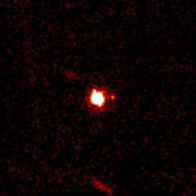 Another "Dwarf Planet" with satellite: 136199-Eris and Dysnomia
Da "NASA - Picture of the Day" del 18 Settembre 2006:"Is Pluto the largest Dwarf Planet? No! Currently, the largest known dwarf planet is 136199-Eris, renamed last week from 2003 UB313. Eris is just slightly larger than Pluto, but orbits as far as twice Pluto's distance from the Sun. Eris is shown above in an image taken by a 10-meter Keck Telescope from Hawaii, USA. 
Like Pluto, Eris has a moon, which has been officially named by the International Astronomical Union as (136199) Eris I (Dysnomia). Dysnomia is visible above just to the right of Eris. Dwarf Planets Pluto and Eris are Trans-Neptunian Objects that orbit in the Kuiper belt of objects past Neptune. Eris was discovered in 2003, and is likely composed of frozen water-ice and methane. Since Pluto's recent demotion by the IAU from planet to dwarf planet status, Pluto has recently also been given a new numeric designation: 134340-Pluto. 
Currently, the only other officially designated Dwarf Planet is 1-Ceres".
Parole chiave: Dwarf Planet - Eris & Dysnomia