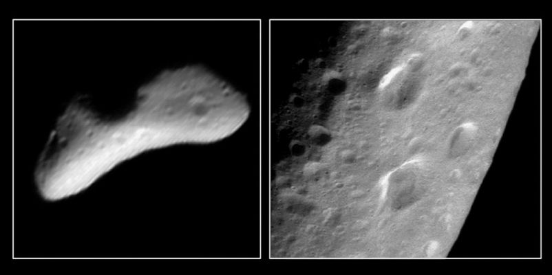 Craters' "Trio"
Caption NASA originale:"The Near Earth Asteroid Rendezvous (NEAR) spacecraft snapped the image on the left (Image of the Day Feb. 13, 2000 B) during its approach to Eros on Feb. 11, 2000, from a range of 2590 Km (approx 1.609 miles). This image shows a heart-shaped depression about 5 Km long. The image mosaic on the right was taken from 204 Km on March 3, 2000 and reveals that the mysterious heart-shaped feature is actually 3 separate craters. The oblique lighting conditions and low resolution of the earlier image created the illusion of a heart shape".
Parole chiave: Asteroids: images from Space