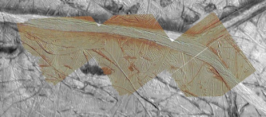 Europa: the "Agenor Linea"
Caption NASA originale:"This bright white swath cutting across the surface of icy Jovian moon Europa is known as "Agenor Linea". In all about 1000 Km long and 5 Km wide, only a section is pictured here as part of a combined color and black and white Galileo's images. Most linear features on Europa are dark in color but Agenor Linea is uniquely bright for unknown reasons. Also unknown is the origin of the reddish material along the sides. While these and other details of Europa's surface formations remain mysterious, the general results of Galileo's exploration of Europa have supported the idea that an ocean of liquid water lies beneath the cracked and frozen crust. An extraterrestrial liquid ocean holds out the tantalizing possibility of life". Curioso: alla NASA sono davvero incapaci di fare commenti equilibrati alle immagini che loro stessi propongono. Parlano di "Tantalizing possibility of life" sotto il ghiaccio di Europa, ma sono incapaci di dire che su Marte, forse, esiste qualche forma di vita...
Parole chiave: Jupiter's Moons - Europa