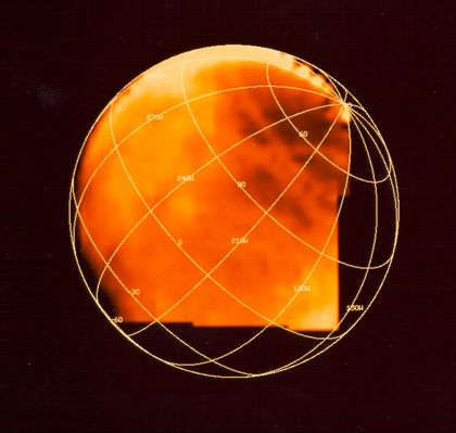 Frozen H2SO4 (Sulphuric Acid) on Europa?
Frozen Sulfuric Acid on Jupiter's moon Europa is depicted in this image produced from data gathered by NASA's Galileo spacecraft. The brightest areas, where the yellow is most intense, represent Regions of high frozen Sulfuric Acid concentration. Sulfuric Acid is found in "exhaust battery acid" and in Earth's acid rain.
This image is based on data gathered by Galileo's NIMS (Near Infrared Mapping Spectrometer).
Europa's Leading Hemisphere is toward the bottom right and there are enhanced concentrations of Sulfuric Acid in the Trailing Side of Europa (the upper left side of the image). This is the face of Europa that is struck by sulfur ions coming from Jupiter's innermost moon, Io. The long, narrow features that criss-cross Europa also show Sulfuric Acid that may be from sulfurous material extruded in cracks.
Galileo, launched in 1989, has been orbiting Jupiter and its moons since December 1995.
Parole chiave: Jupiter Moons - Europa